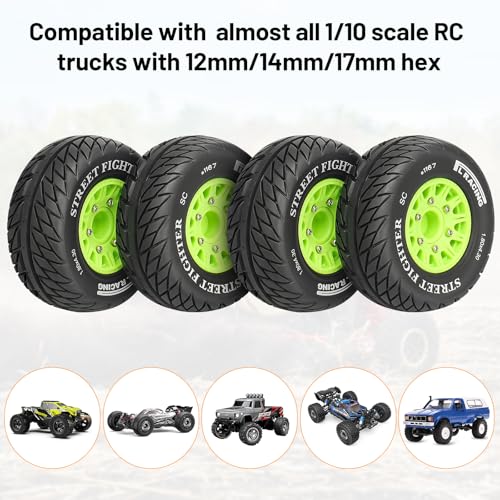 12mm/14mm/17mm Hex RC Wheels and Tires RC Truck Tires 1/10 Scale Tyres Hex Detachable Replacement for Arrma Senton Slash Axial Redcat Rc4wd Fury (Green C) - color: Green