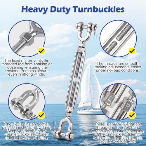 4 Pack 5/8" Jaw and Jaw Turnbuckle Heavy Duty, 5300 lbs Working Load Limit, Ultra Durable Stainless Steel Turnbuckles for Cables Wire Tension, Tractor, Sun Shade Tent, Deck, Ground Anchors - size: 5/8"(M16)-4PCS