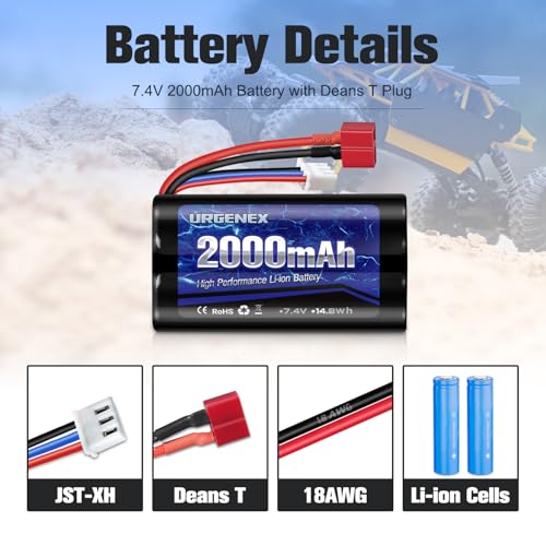 Li-ion Battery 7.4V 2000mAh with Dean-Style T Plug 2S Rechargeable RC Battery Fit for WLtoys 4WD High Speed RC Cars and Most 1/10, 1/12, 1/16 Scale RC Cars Trucks with 1TO2 USB Charger