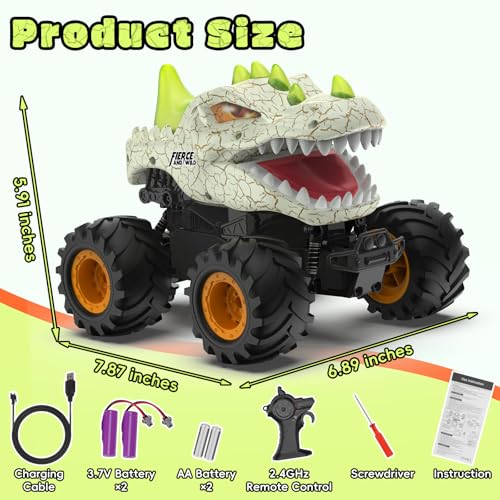 Dinosaur Remote Control Car 2.4GHz RC Monster Truck 1:24 Scale RC Car with LED Lights & Movable Mouth, Rechargeable Dinosaur Toys Birthday Gift for Boys 6-12, Orange - color: Orange