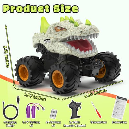 Dinosaur Remote Control Car 2.4GHz RC Monster Truck 1:24 Scale RC Car with LED Lights & Movable Mouth, Rechargeable Dinosaur Toys Birthday Gift for Boys 6-12, Orange - color: Orange