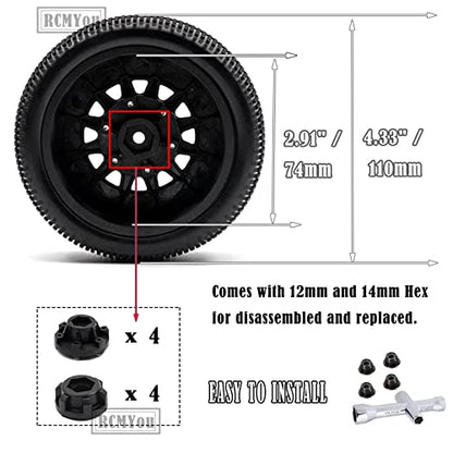 12mm/14mm Hex Rc Truck Tires,RC Wheels Tires for 1/10 Slash 2WD 4×4,Axia1/Arrm a Senton/Re dcat Rc 4wd,Hex Detachable Replacement Running on Off-Road Tire,on-Road Tires,4-Pack,Black