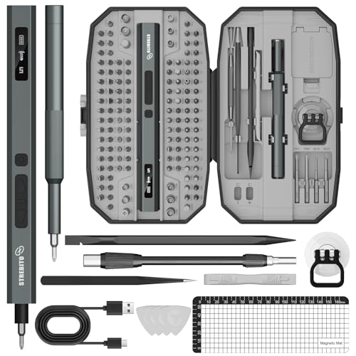 STREBITO 155 in 1 Electric Screwdriver Set, Small Electric Screwdriver Cordless with 140 S2 Magnetic Bits, Electronic Power Screwdriver Repair Tool Kit for RC, Computer, Pc Building, Laptop（Upgraded） - color: Upgraded-grey