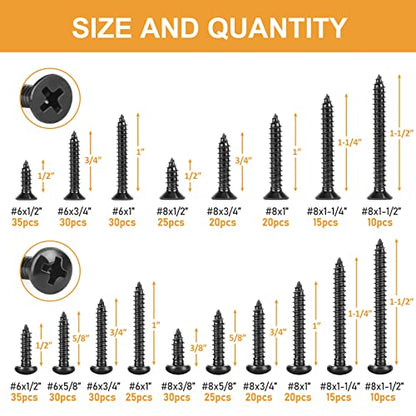 VIGRUE 425PCS #6#8 Black Wood Screw Set, Black Oxide 304 Stainless Steel Phillips Pan and Flat Head Self Tapping Screws Assortment Kit, Length 1/2" to 1-1/2" - style: 425PCS #6#8 Pan Head & Flat Head