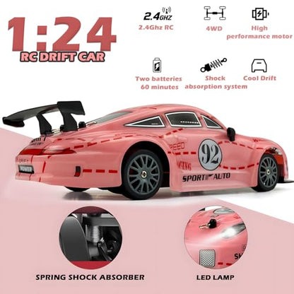 HTURCCOP RC Drift Car 2.4GHz 1:24 Scale 4WD High Speed Remote Control Cars Vehicle with LED Lights Two Batteries and Drifting Tires Racing Sport Toy Cars for Adults Boys Girls Kids Pink - color: Pink