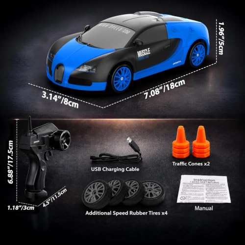 Remote Control Car RC Drift Car 2.4GHz 1:24 Scale 4WD 15KM/H High Speed Model Vehicle with LED Lights Drifting Tire Racing Sport Toy Car for Adults Boys Girls Kids Gift - color: H-blue