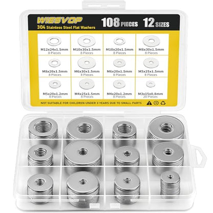 108Pcs 304 Stainless Steel Flat Washers, Fender Washers Assortment Kit 12 Sizes (M3-M12) Metal Washers for Screws Bolts Large and Small Hardware for Various Home Industrial Automotive - size: 12 Sizes 108 Pieces