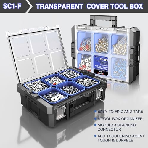 5 Tier Stackable Tool Box with Wheels,Rolling Tool Box with Drawers,Modular Tools Organizer,Portable Tool Box with Transparent Parts Box,Large Capacity Toolbox,for Garage Storage,Home and Repair Shop