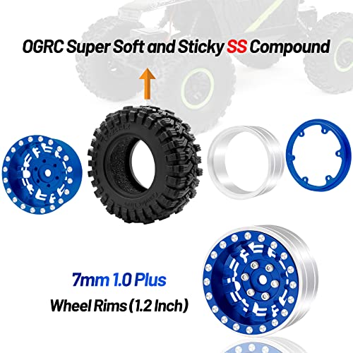 OGRC 1.0 Plus (1.2 Inches) Beadlock Wheel and Tires Set 7mm Negative Offset Wheel Rims SS Super Soft Sticky Tires for TRX4M SCX24 FCX24 AX24 1/24 1/18 RC Crawler Car - 62 * 24mm (Blue) - color: Blue