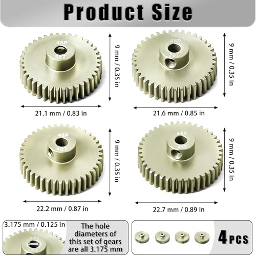 4Pcs 48P Aluminum Alloy Pinion Gear Set 3.175mm 38T 39T 40T 41T Motor Pinion Gear W M4 Screw and Hex Key, Fit 3.175mm (1/8-Inch) Shaft, for Arrma HPI Kyosho Losi Axial Traxxas Tamiya 1/10 RC Car - size: 48P-P-3.175mm-38-41T