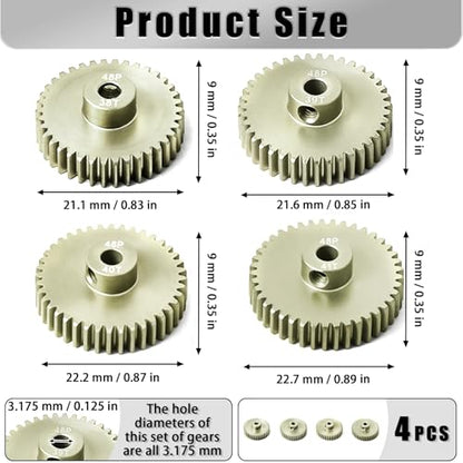 4Pcs 48P Aluminum Alloy Pinion Gear Set 3.175mm 38T 39T 40T 41T Motor Pinion Gear W M4 Screw and Hex Key, Fit 3.175mm (1/8-Inch) Shaft, for Arrma HPI Kyosho Losi Axial Traxxas Tamiya 1/10 RC Car - size: 48P-P-3.175mm-38-41T