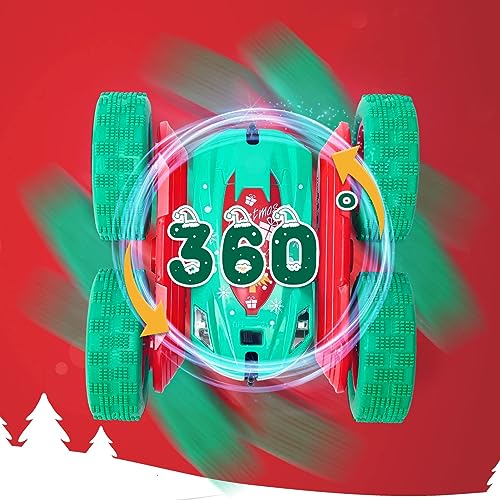 2Pcs Christmas Style RC Stunt Car for Kids,2.4Ghz High Speed Rock Crawler Vehicle,360 Rotating 4WD Off Road Double Sided Rotating Tumbling with 4 Rechargeable Battery，Red+Green