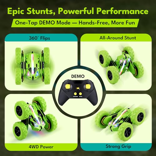 Threeking Remote Control Flip Stunt Car Double Sided Driving Crawler Toys | Quick-Swap Modular Battery Durable RC Cars with Auto Demo Breathing Soft Lights Gifts for Boys Girls Ages 6-12 - color: Green-up