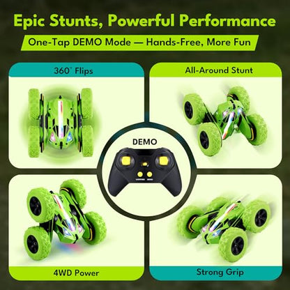 Threeking Remote Control Flip Stunt Car Double Sided Driving Crawler Toys | Quick-Swap Modular Battery Durable RC Cars with Auto Demo Breathing Soft Lights Gifts for Boys Girls Ages 6-12 - color: Green-up