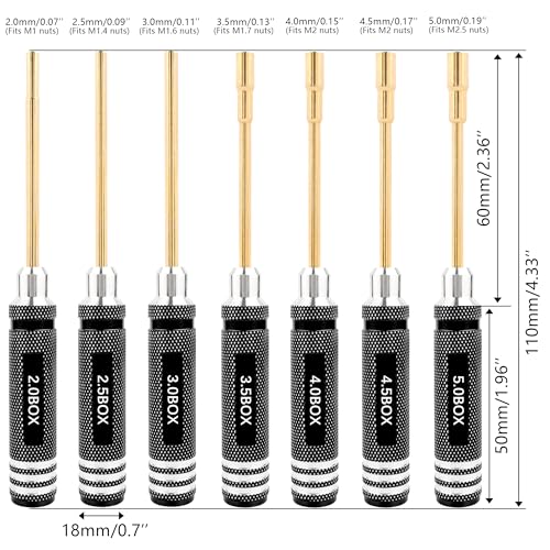 7 Pieces Hex Screwdriver Set 2.0/2.5/3.0/3.5/4.0/4.5/5.0mm RC Socket Wrench Kit Nut Drive for Traxxas Redcat Axial SCX24 Quadcopter Helicopter FPV Drone Car - RC Nut Removal Tools (Black)
