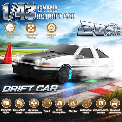 RC Drift Car, 1/43 Mini RC Drift Car with Gyro, 2.4GHz Full Proportional Control, 20KM/H 4WD High Speed Remote Control Alloy, LED Lights & Drift Tires, Toys Gift for Adults, Boys and Girls - color: White and Black