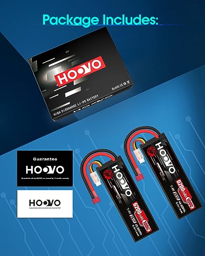 HOOVO 2S Lipo Battery,7.4V 6200mAh 100C LiPo Battery RC Pack T Plug 2 Pack | Hard Case,compatible with RC Buggy Vehicles Car Boat Truck