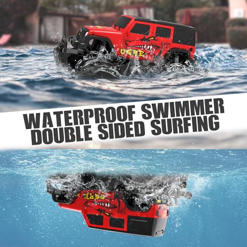 STEMTRON Amphibious Remote Control Car 1:16 All Terrain RC Monster Truck | 2.4GHz, 360° Spin, Double-Sided Water Driving, Pool & Beach Off-Road RC Car Toy, Gift for Kids - color: Red Suv, size: 1:16 Scale
