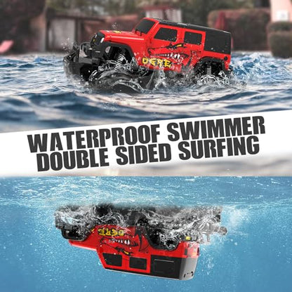 STEMTRON Amphibious Remote Control Car 1:16 All Terrain RC Monster Truck | 2.4GHz, 360° Spin, Double-Sided Water Driving, Pool & Beach Off-Road RC Car Toy, Gift for Kids - color: Red Suv, size: 1:16 Scale