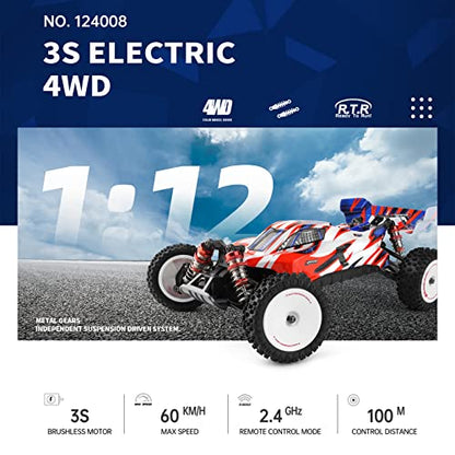 GoolRC WLtoys 124008 Brushless RC Cars for Adults, 1:12 Scale Remote Control Car, 4WD 60KM/H High Speed Racing Car, 2.4GHz All Terrains Off Road Buggy RTR with 11.1V 2000mAh Battery