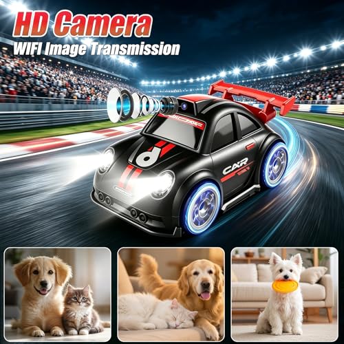 Mini RC Car with Camera, 2.4" Screen FPV Remote Control Car with 8G Card, Rechargeable 360° Drift Kids Small RC Racing Car Dual Control via Remote & App Controlled Vehicles, Follow/Escape/Demo Modes