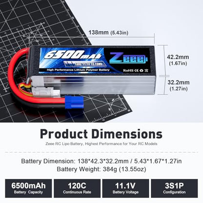 Zeee 3S Lipo Battery 6500mAh 11.1V 120C Soft Pack RC Battery with EC5 Connector for Helicopter Airplane Quadcopter RC Airplane RC Car Truck Boat(2 Pack)