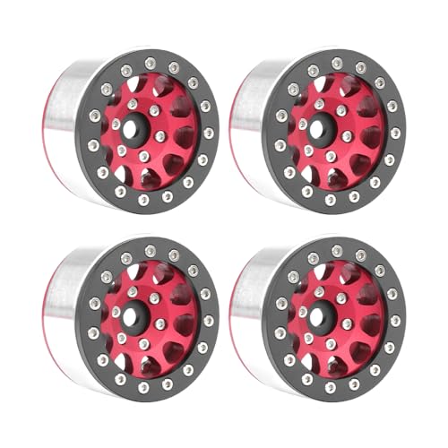 4PCS 1.55 Inch Aluminum Alloy Metal 10Holes Beadlock Wheel Rim Hubs Replacement Accessory for Tamiya AX90069 D90 TF2 CC01 CC02 1/10 RC Crawler Car Upgrade Parts (Black Red) - color: Black Red