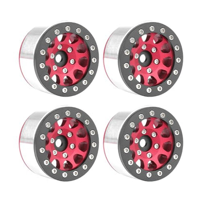 4PCS 1.55 Inch Aluminum Alloy Metal 10Holes Beadlock Wheel Rim Hubs Replacement Accessory for Tamiya AX90069 D90 TF2 CC01 CC02 1/10 RC Crawler Car Upgrade Parts (Black Red) - color: Black Red