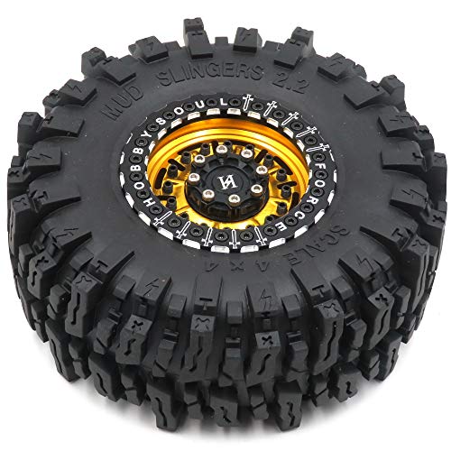 2PCS 2.2 Beadlock Wheels and Tires 124mm Tall Soft Sticky Mud Slingers tyre & Aluminium Rims for 1/10 RC Crawler Truck TRX4 SCX10 Capra Wraith Upgrades,HS700627-2