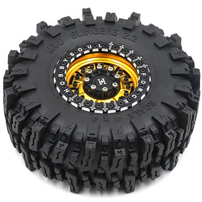 2PCS 2.2 Beadlock Wheels and Tires 124mm Tall Soft Sticky Mud Slingers tyre & Aluminium Rims for 1/10 RC Crawler Truck TRX4 SCX10 Capra Wraith Upgrades,HS700627-2
