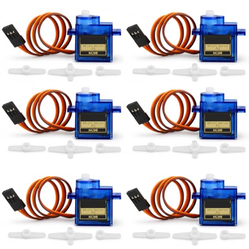 6-Pack SG90 9g Micro Servo Motor, Mini Analog, 180° | 180-degree control angle, 3-pin connector compatible with JR and Futaba, for RC car, plane, helicopter, robot arm