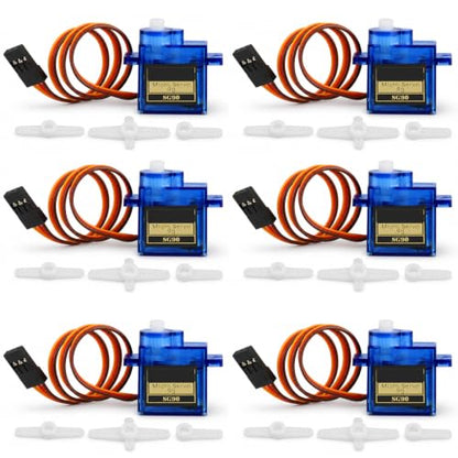 6-Pack SG90 9g Micro Servo Motor, Mini Analog, 180° | 180-degree control angle, 3-pin connector compatible with JR and Futaba, for RC car, plane, helicopter, robot arm