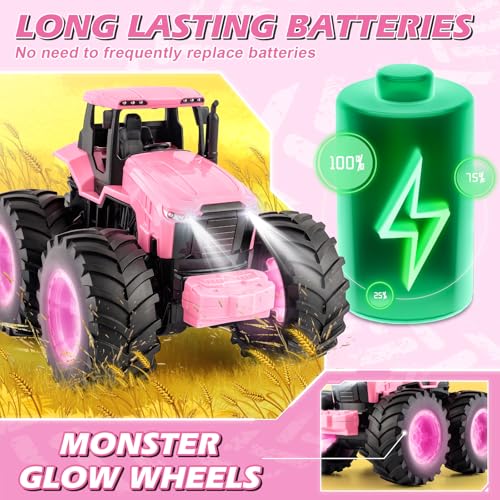 BAYSING Remote Control Monster Tractor Toy, Pink Light Up Monster Truck Toy | LED Lights Toddlers RC Farm Vehicle for 3, 4, 5, 6, 7 years old Boys ＆ Girls Ideal Christmas, Birthday Gifts for Kids - color: Pink