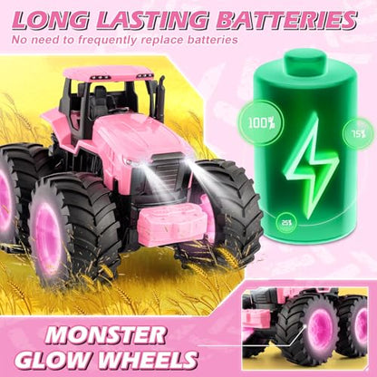 BAYSING Remote Control Monster Tractor Toy, Pink Light Up Monster Truck Toy | LED Lights Toddlers RC Farm Vehicle for 3, 4, 5, 6, 7 years old Boys ＆ Girls Ideal Christmas, Birthday Gifts for Kids - color: Pink