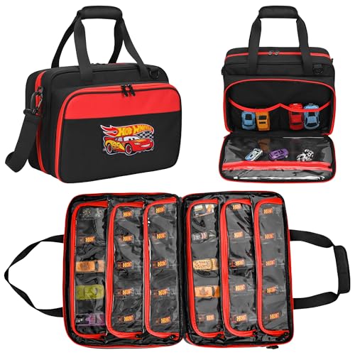 Monster Truck Case for Monster Jam 1:64 Scale, Holds 34 Cars | Storage Bag with 6 Clear TPU Zipper Pockets, Front Pocket, D-Ring, Top Handles and Detachable Shoulder Strap, Black