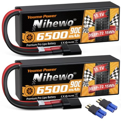 3S Lipo Battery 11.1V 6500mAh 90C Hard Case RC Battery with Tr Plug + EC5 Adapter for 1/8 1/10 RC Car Truck Vehicle Truggy Buggy Tank Boat Helicopter Airplane Models (2 Packs) - style: 2x 11.1V 6500mAh