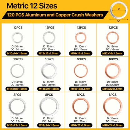 120PCS Crush Washer Oil Drain Plug, Aluminum & Copper Crush Washer | 12 Sizes Oil Drain Plug Gasket Assortment Kit for Automotive, Motorcycles, Marine and Mechanical Use (M10 M12 M14 M16 M18) - size: 120PCS(M10-M18)
