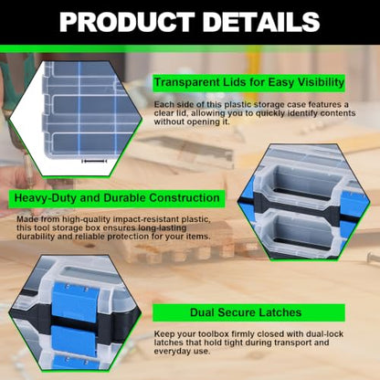 Tool Box with Transparent Lid, 2 Pack Hardware Organizer Box | Double Side 34 Compartments Hardware Organizers with Removable Plastic Dividers for Screws Nuts Nails, Small Parts Box - color: Blue