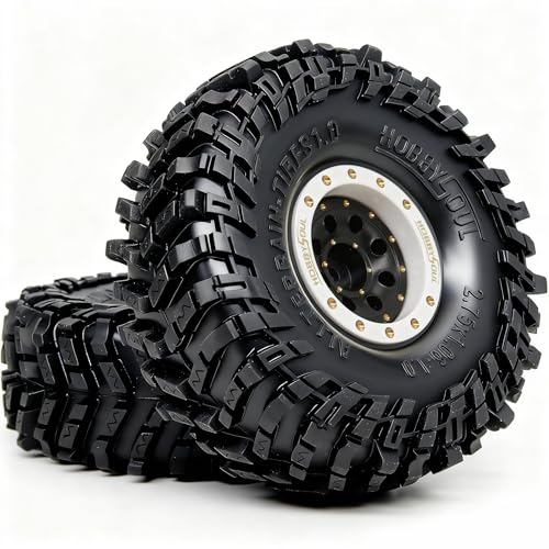 HOBBYSOUL 70mm Tall 1.0 Beadlock Wheels and Tires Set, Adjustable Offset Brass 1.0'' Wheels Rims White Black and Soft Sticky 1'' Tires for RC Crawler TRX4M SCX24 Upgrades - color: White & Black