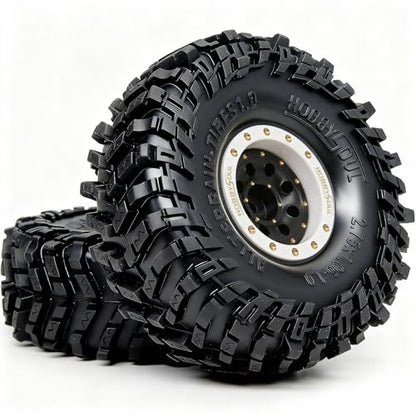 HOBBYSOUL 70mm Tall 1.0 Beadlock Wheels and Tires Set, Adjustable Offset Brass 1.0'' Wheels Rims White Black and Soft Sticky 1'' Tires for RC Crawler TRX4M SCX24 Upgrades - color: White & Black