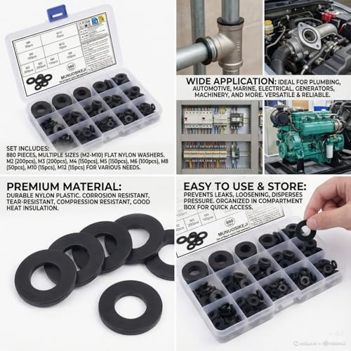 880 Pcs Nylon Flat Washer Assortment Kit | Black Insulating Spacers & Seals for Plumbing, Electrical & Machinery (M2 to M12), Organized in Storage Box
