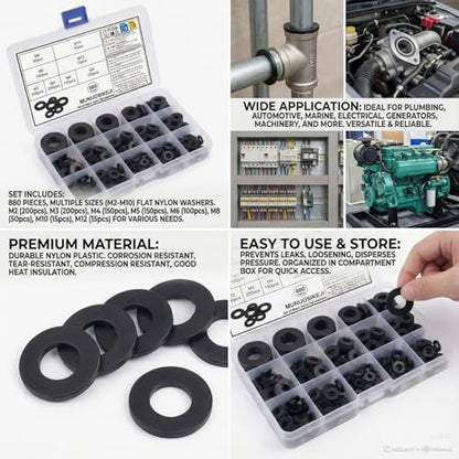 880 Pcs Nylon Flat Washer Assortment Kit | Black Insulating Spacers & Seals for Plumbing, Electrical & Machinery (M2 to M12), Organized in Storage Box