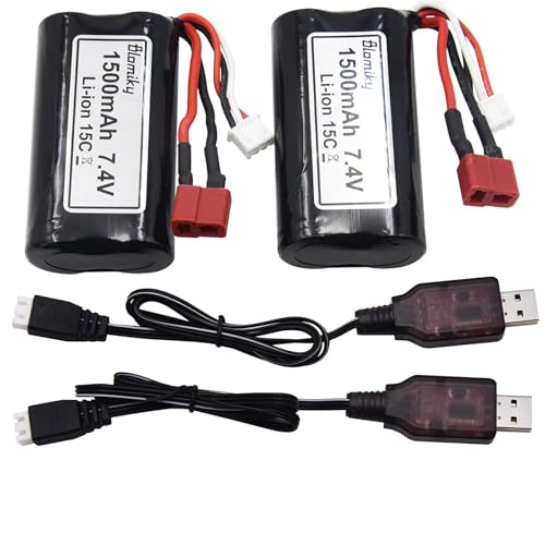 Blomiky 2 Pack 7.4V 1500mAh 15C Li-ion Rechargeable Battery with T Plug Connector and USB Cable for 9155 and 9156 1:12 Scale High Speed RC Truck 9156