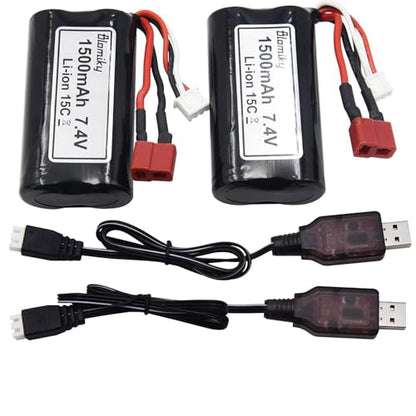 Blomiky 2 Pack 7.4V 1500mAh 15C Li-ion Rechargeable Battery with T Plug Connector and USB Cable for 9155 and 9156 1:12 Scale High Speed RC Truck 9156