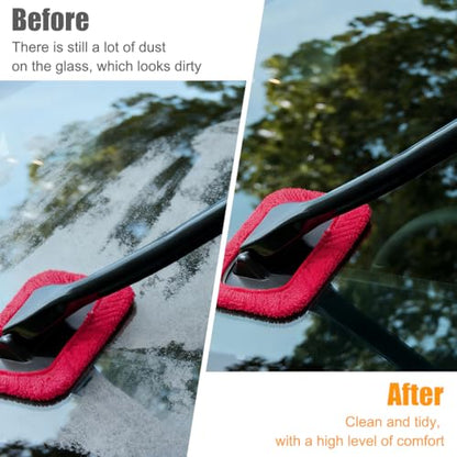 Car Windshield Cleaning Tool, Microfiber Vehicle Window Cleaner with 5 Washable Reusable Cloth Pad & 1 Spray Bottle, Automotive Glass Wiper Cleaning Kit Accessories, Universal Fit (Red) - color: Red