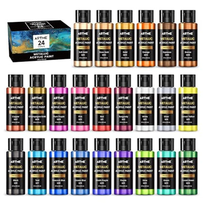 Artme Metallic Acrylic Paint Set, 24 Metallic Colors in 2 oz/60ml Bottles, Metallic Shining Acrylic Paint, Rich Pigments Paint Perfect for Artists, Beginners on Canvas, Rocks, Wood, Fabric, Ceramic