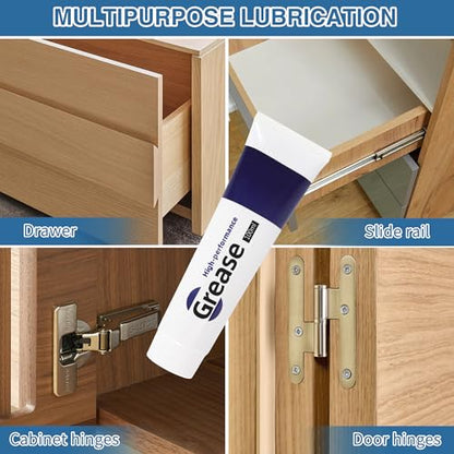 Drawer Slide Grease 3.38oz Multi-Purpose Lubricant for Cabinet Slides, Door Hinges, Bearings, Gears, Garage Doors and Window Tracks, With Cleaning Cloth, Tapered Applicator and Brush