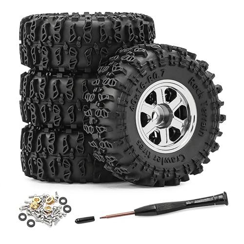 0.7" Aluminum Beadlock Wheel & Crawler Tire Set for 1/30 RC Crawler, CNC Rims, 40 x 16 mm Tires, Includes Screwdriver, Pre-Assembled 4 pcs, White - color: White, size: Rock-Trail-Clean-Out