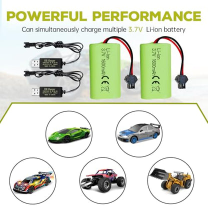 sea jump 2PCS 3.7V 1600mAh Li-ion Battery SM-2P Plug with USB Charging Cable for 9962 8837 Remote Control Toy Car, Engineering Vehicle, and Truck Backup Battery