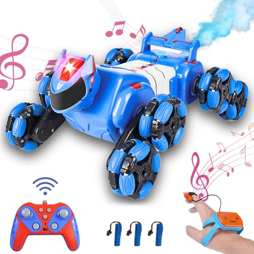 Remote Control Car, Gesture Sensing RC Stunt Car, 8WD Transform Robotdog Climbing Toys with Spary and Light, 360° Rotating, 2.4GHz 8 Wheels RC Cars with 3 Batteries (Blue) - color: Blue, size: 3 Batteries